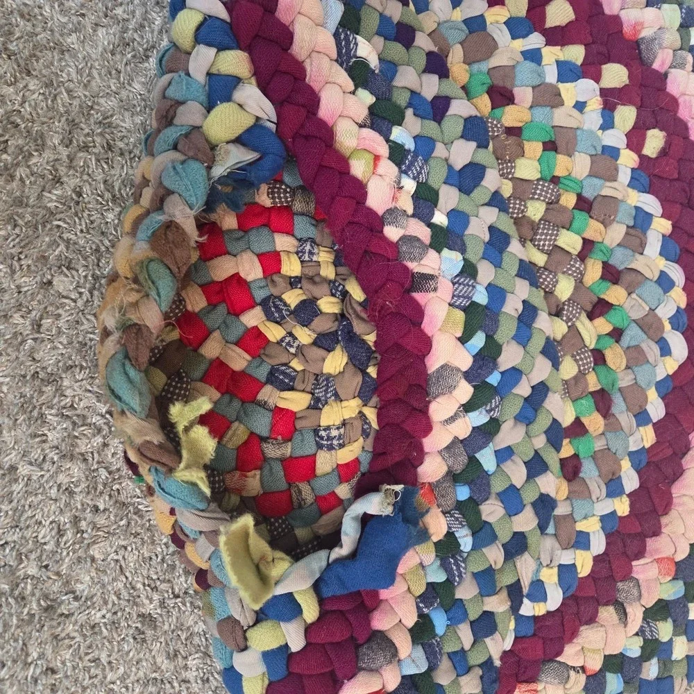 Vintage Handmade Braided Rag Rug Round Farmhouse Cabin Cottage Boho Folk Art 30